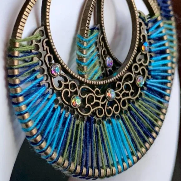 'Vintage' Gold Boho Blue Green Thread Rhinestone Round Filigree Dangle Earrings - Picture 2 of 5